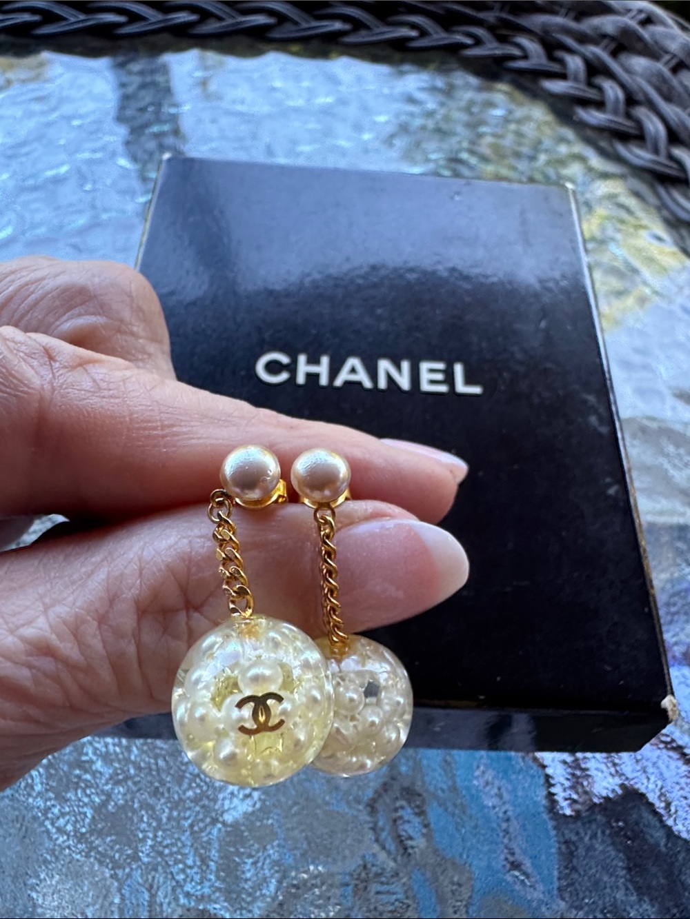 CHANEL Pierced Gold-Tone Chain Drop Earrings with Pearl and Clear Resin Spheres
